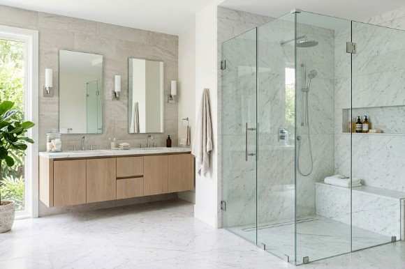 90 degree frameless glass shower in a Bethesda master bathroom