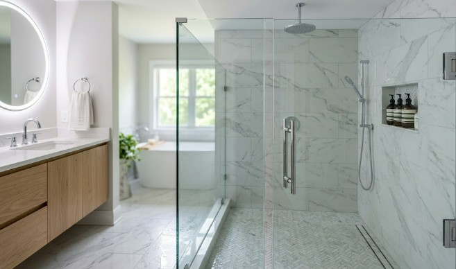 Glass barn door with matte black track Rockville MD