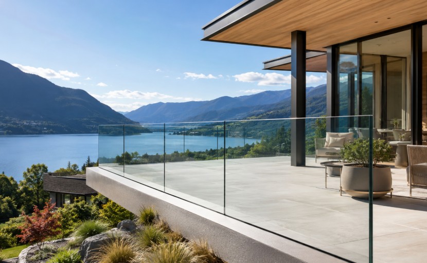 Frameless glass railing on an interior staircase
