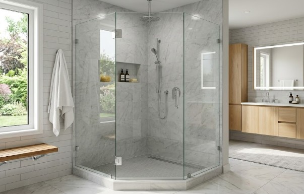 Neo angle frameless glass shower in a Bethesda MD bathroom