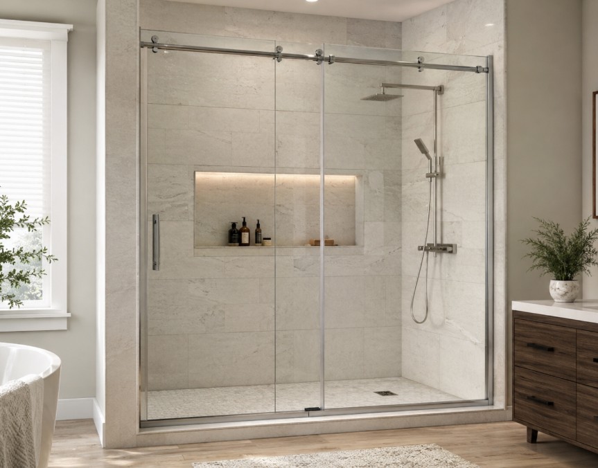 Sliding frameless shower door in a Rockville bathroom